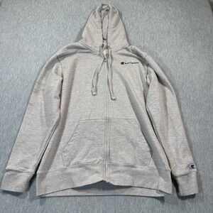 Champion Hoodie Men L Gray Zip Up Drawstring Fleece Sweatshirt Logo
